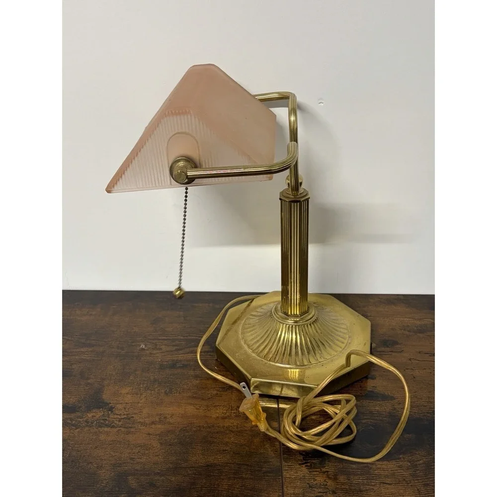 Vintage Ribbed Glass Shade Brass Bankers Desk Lamp Piano Light Art Deco AS IS